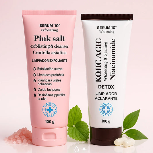 SERUM 10® – Dúo Limpiador Aclarante & Exfoliante con Niacinamida, Sal Rosada y Centella Asiática